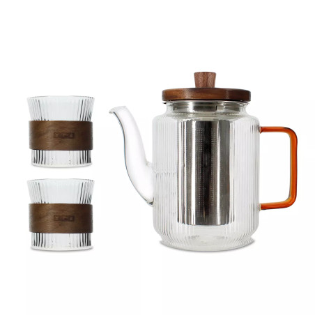 Théière KARL 550ml avec 2 tasses 15cl en verre borosilicate et anse ambre - Ogo Living
