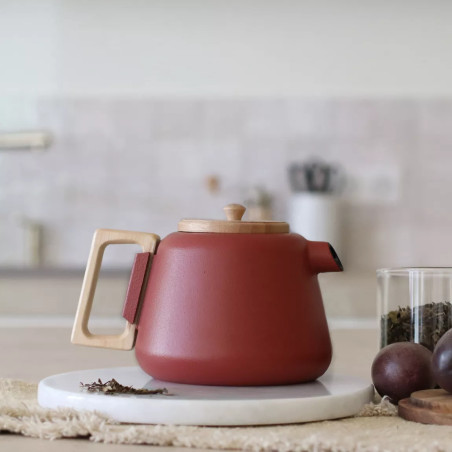 Théière viggo 1l paprika en fonte et bois compatible plaques de cuisson - Ogo Living