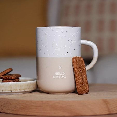 Mug Hello New Day 580ml En Grès Blanc Et Beige - Ogo Living