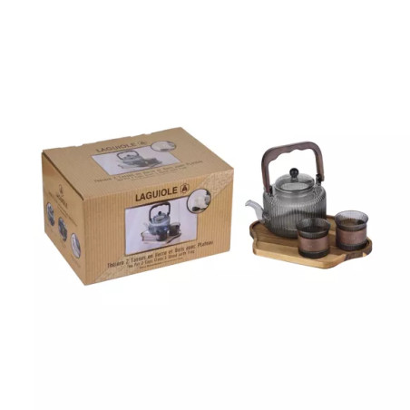 Set à thé - Théière, Plateau et 2 tasses en verres - Laguiole