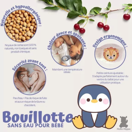 Bouillotte Pingouin Bébé Anti Colique Hypoallergénique et Lavable - HELLO HIPPO