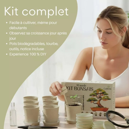 Kit 10 Bonsaïs à Planter Coffret Complet avec Graines, Pots, Outils & Notice - Cultivea