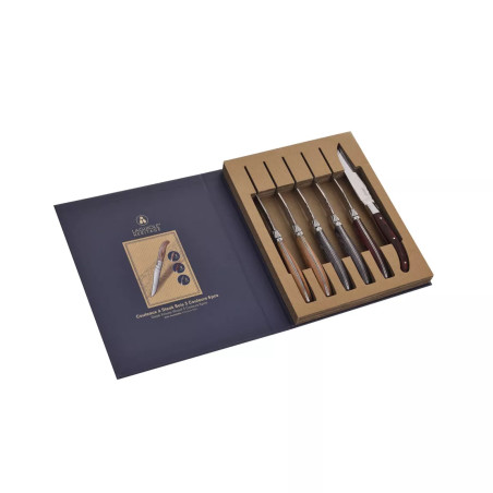 Coffret 6 Couteaux à steak Manche en bois pakka 3 teintes assorties - Laguiole