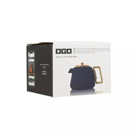 Théière viggo 500ml bleu en fonte et bois compatible plaques de cuisson - Ogo Living