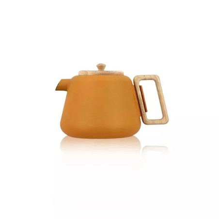 Théière viggo 500ml jaune en fonte et bois compatible plaques de cuisson - Ogo Living